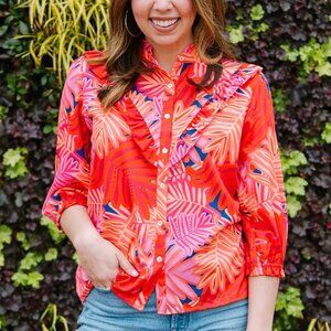 Michelle McDowell Kelly Vibrant Tropical Ruffled Feminine Top Women's size XS